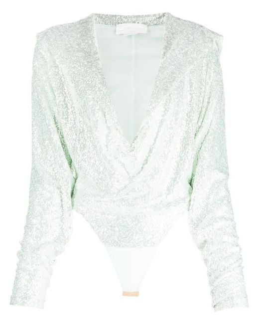 Genny White Sequin-Embellished Long-Sleeve Bodysuit