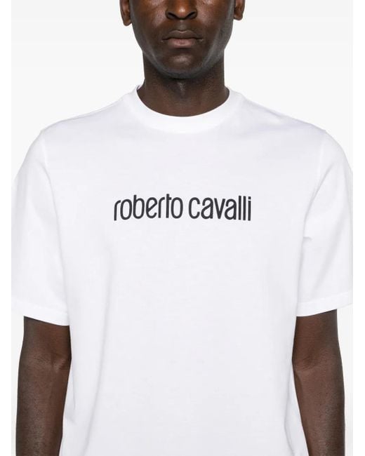 Roberto Cavalli White Logo-Print Cotton T-Shirt for men