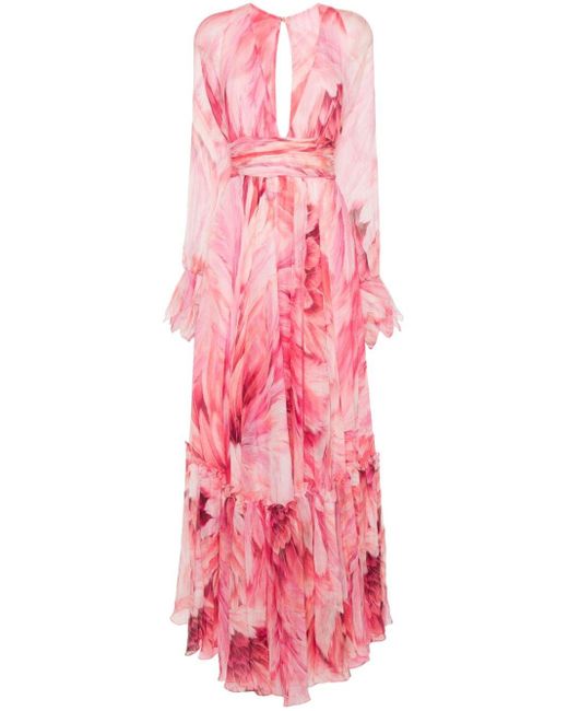 Robe longue à imprimé Plumage Roberto Cavalli en coloris Pink