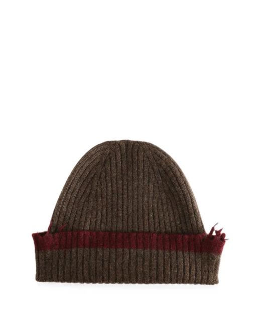 Uma Wang Brown Ribbed-Knit Frayed Beanie Hat