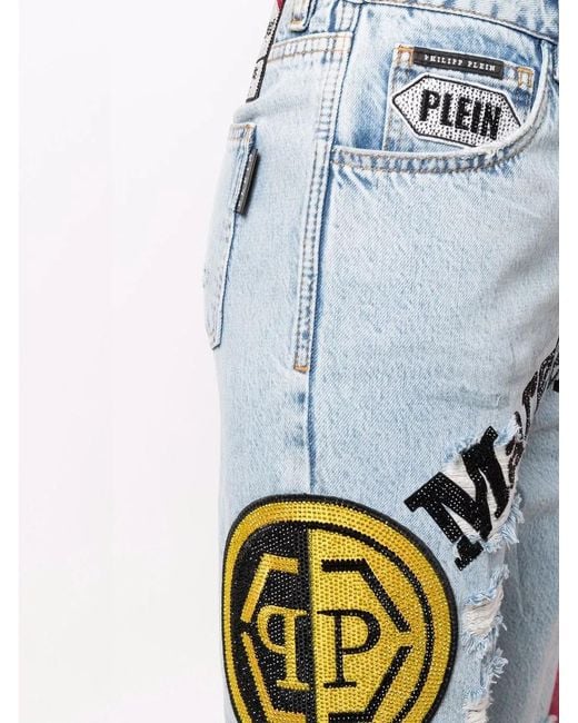 Philipp Plein Boyfriend Jeans Met Patchwork in het Blue