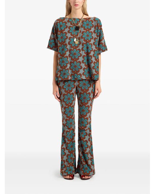 LaDoubleJ Green New Meditation Flower-Print Flared Trousers