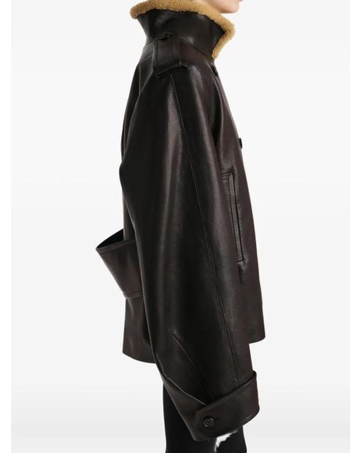 Khaite Black Dean Leather Double-Breasted Jacket With Lamb Shearling Collar