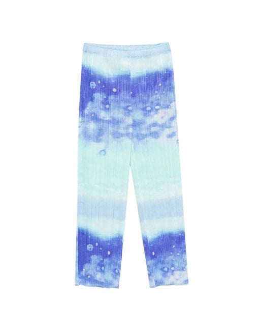 Pleats Please Issey Miyake Blue Pleated Abstract-Print Trousers