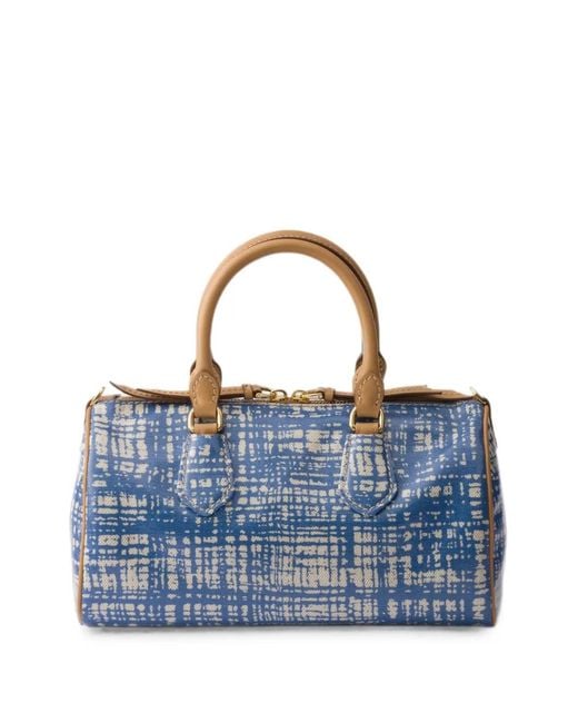 Prada Blue Small Linen Blend And Leather Top-Handle Bag