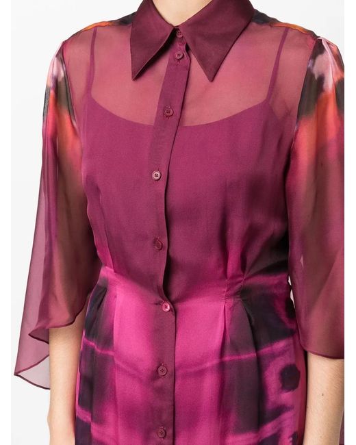 Alberta Ferretti Red Butterfly-Print Semi-Sheer Shirt Dress