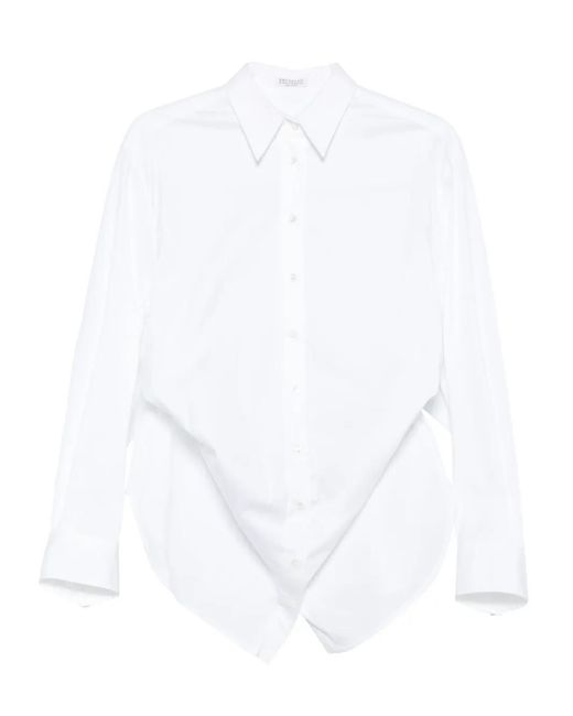 Brunello Cucinelli White Button-Up Curved-Hem Shirt
