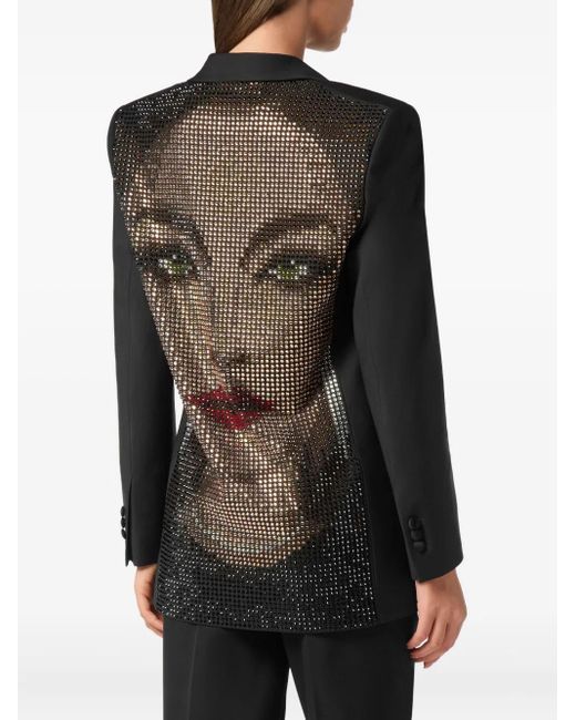 Philipp Plein Black Wool Blazer Boyfriend Fit Face Strass