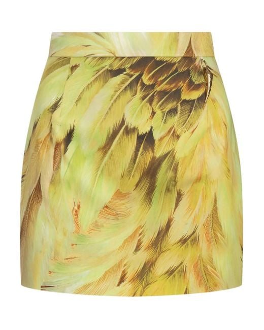 Roberto Cavalli Yellow Reißverschluss-Rock mit Feder-Print