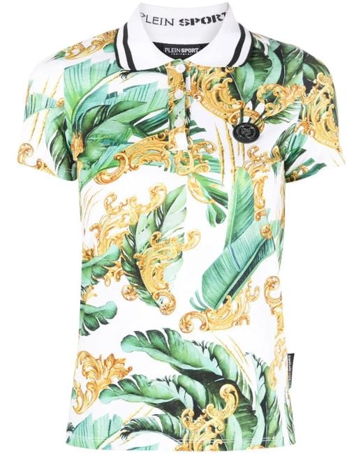 Philipp Plein Green Floral-Print Polo Shirt