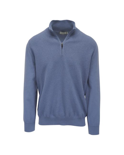 Canali Blue Textured-Knit Zip-Up Sweater for men