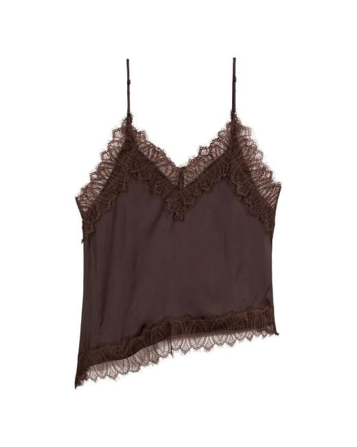 Luisa Cerano Brown Lace-Trim Asymmetric Top