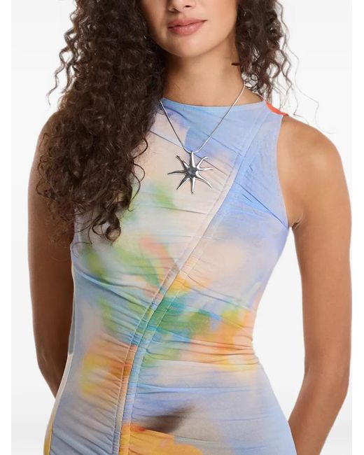 Desigual White Ruched Floral-Print Midi Dress