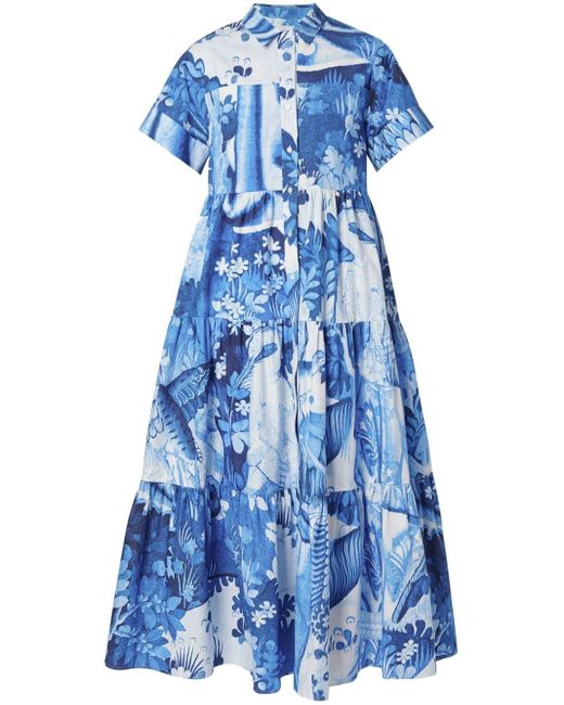 Erdem Blue Tapestry-print Tiered-skirt Midi Dress