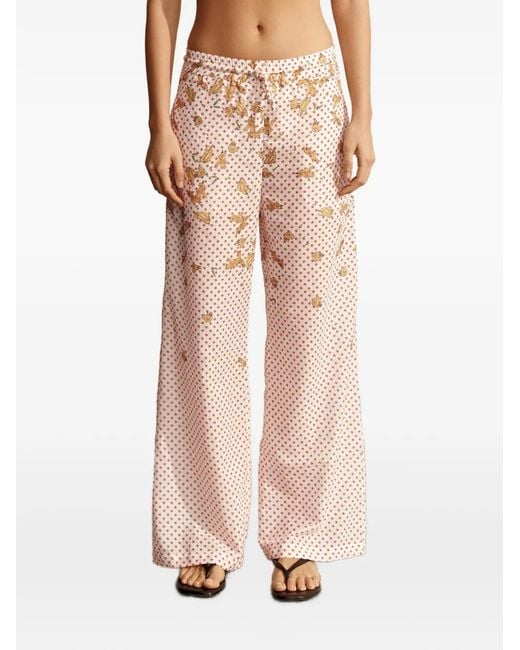Donde Esteban Natural Bird-Print Polka-Dot Trousers