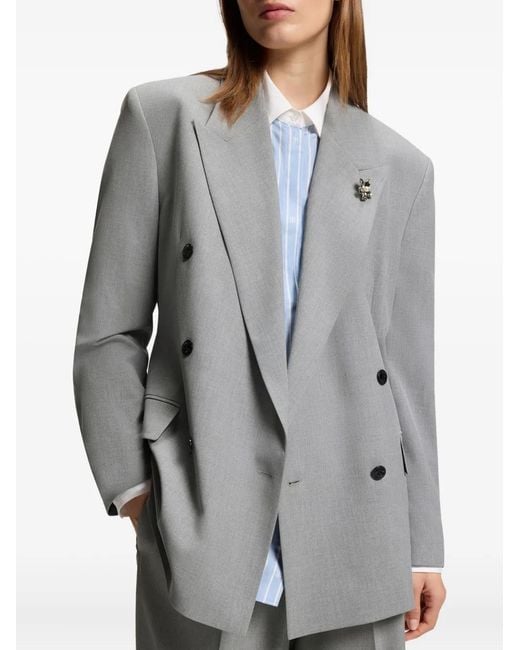 HUGO Gray Double-Breasted Flower Brooch Blazer