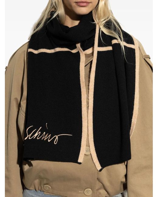 Moschino Black Embroidered Ribbed Scarf