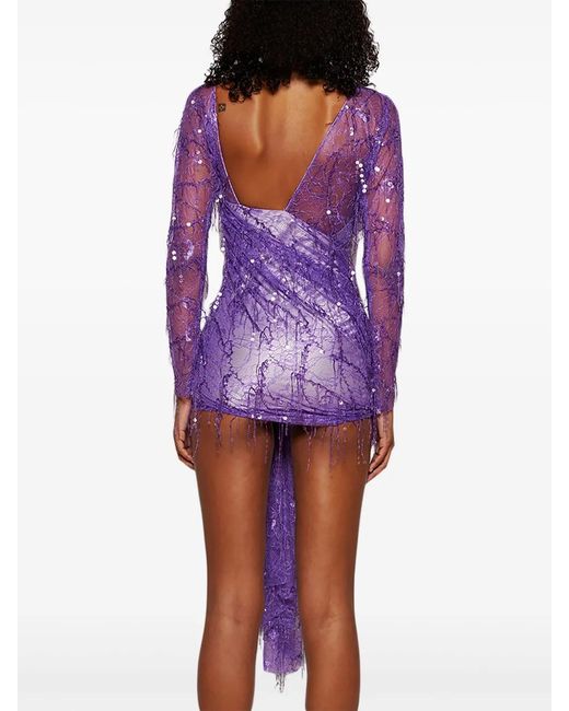 Christopher Esber Purple Lace Sequin-Embellished Asymmetric Mini Dress
