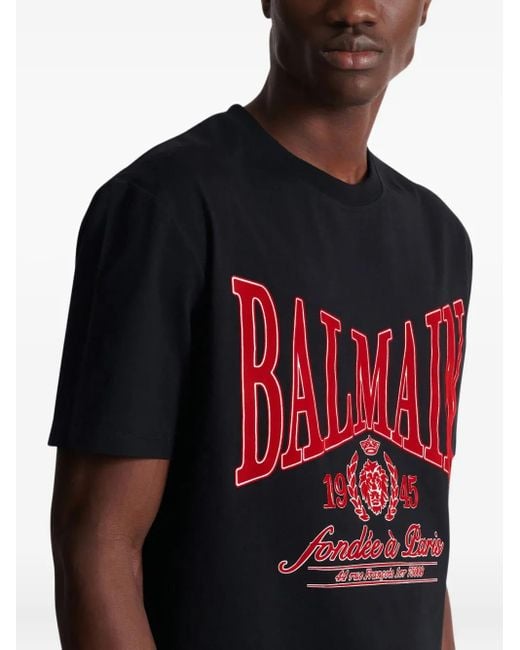 Balmain Black Cotton Flocked College Print T-Shirt for men