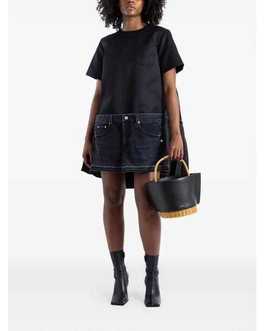 Sacai Black Hybrid Denim Pleated Asymmetric Dress