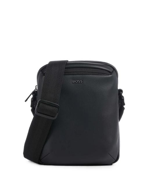 Boss Black Grained-Texture Logo-Plaque Messenger Bag for men