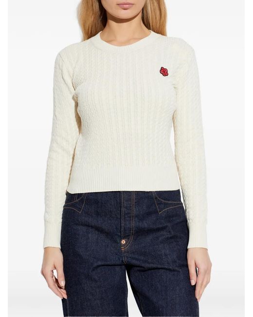 KENZO White Cable-Knit Flower-Patch Sweater