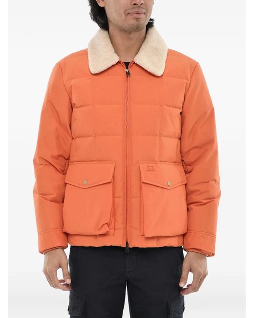 Woolrich Orange Duster Blizzard Faux-Fur-Collar Quilted Jacket for men