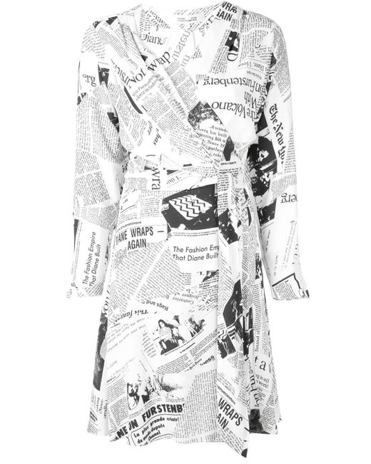 Diane von Furstenberg White Newspaper Print Wrap Dress