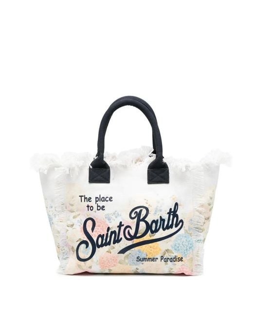 Mc2 Saint Barth White Vanity Floral-Print Frayed-Edges Tote Bag