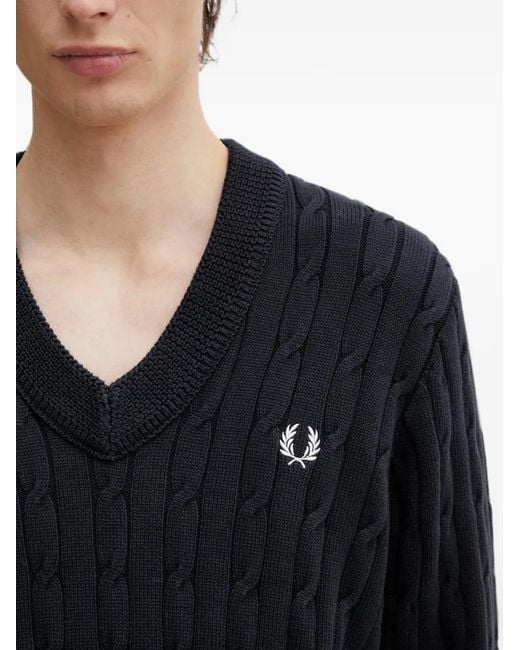 Fred Perry Black Cable-Knit V-Neck Sweater for men