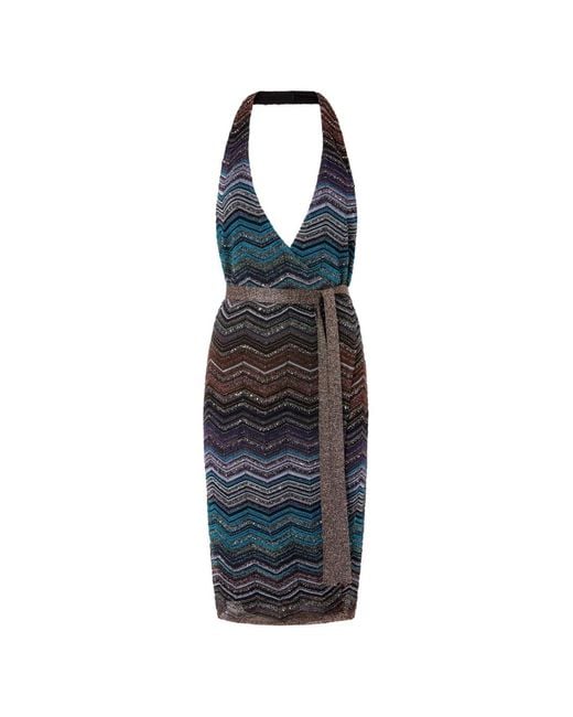 Missoni Women's Blue Halterneck Chevron-pattern Midi Dress Missoni Women's Blue Halterneck Chevron-pattern Midi Dress