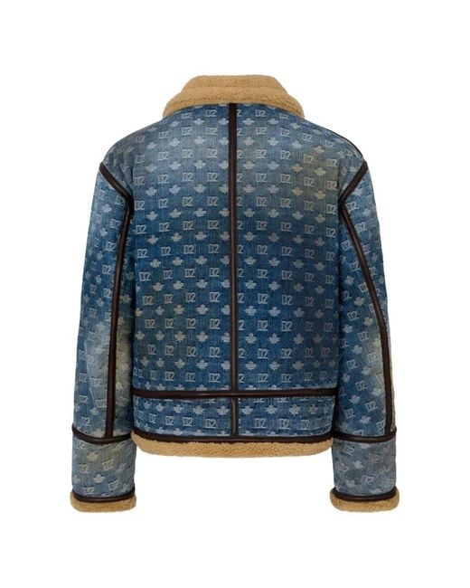 DSquared² Blue D2 Monogram Dirty Wash Shearling Kaban Jacket for men
