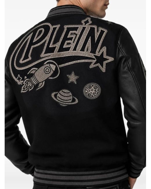 Philipp Plein Black College Bomber Plein Space Strass for men
