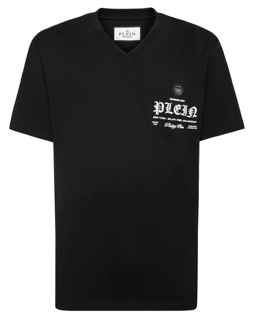 Philipp Plein Black Logo-Print V-Neck T-Shirt for men