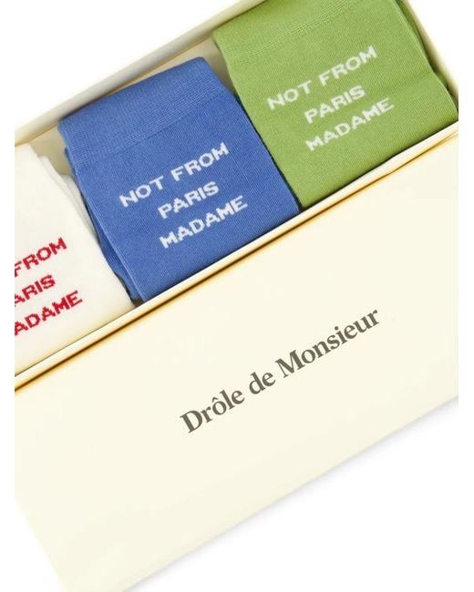 Drole de Monsieur Blue Slogan-Print Ribbed-Cuff Socks (Set Of Three) for men