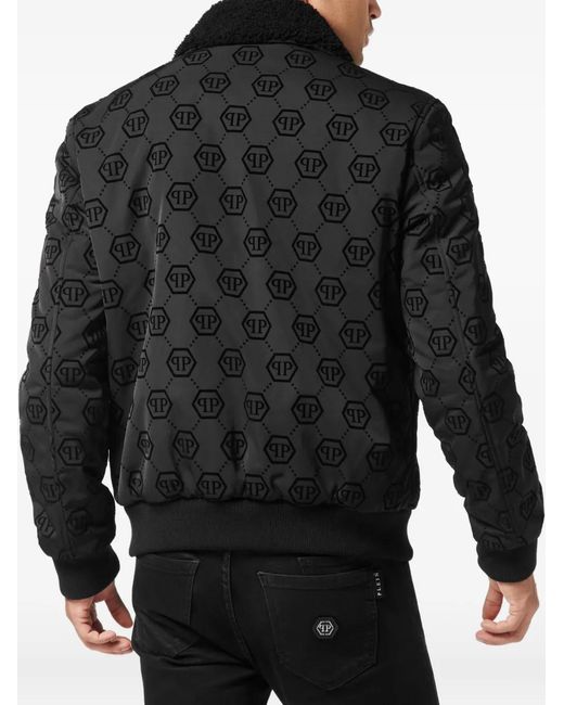 Philipp Plein Black Monogram Shearling-Collar Bomber Jacket for men