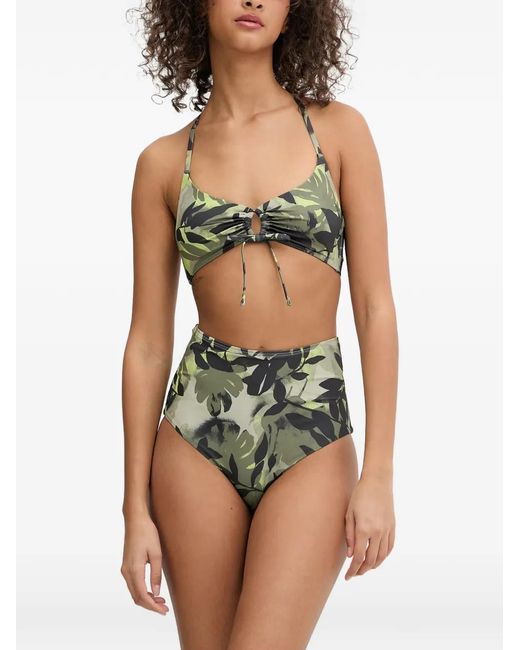 ARMANI EXCHANGE Green Leaf-Print High-Waisted Bikini