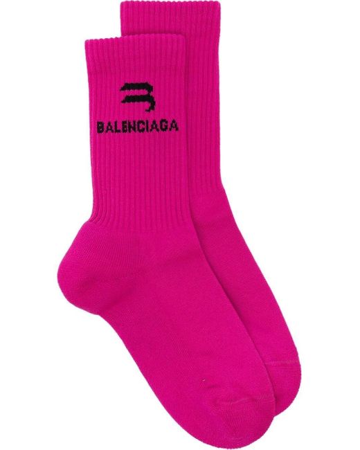 Balenciaga Ribbed-knit Logo-intarsia Socks in Pink | Lyst