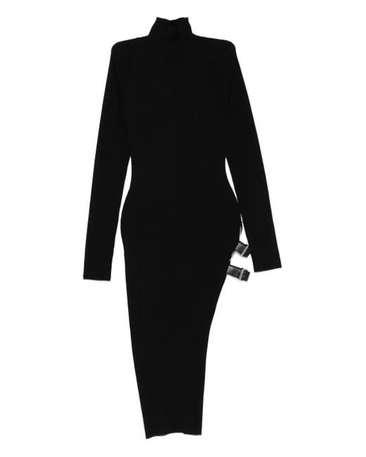 Blumarine Black Ribbed Turtleneck Buckle-Detail Asymmetric Party Dress