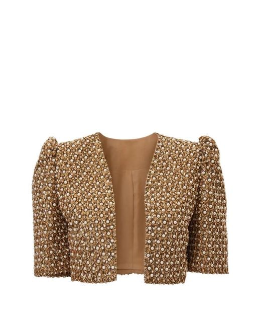 Carolina Herrera Brown Faux-Pearl Embellished Cropped Jacket