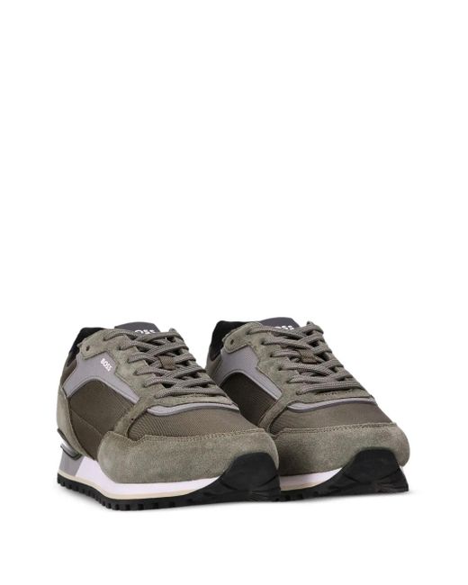 Boss Gray Suede-Trimmed Mesh Sneakers for men