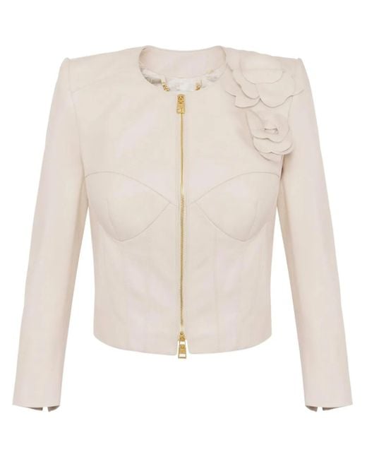 Elisabetta Franchi White Flower Appliqués Leather Jacket