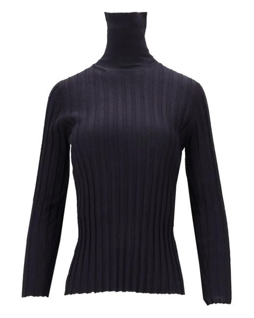 LA ROSE Blue High-Neck Ribbed Top