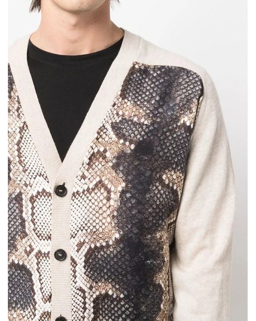 Roberto Cavalli Gray Snakeskin-Print Panelled Cardigan for men