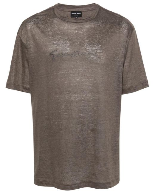 Giorgio Armani Gray Logo-embroidered Linen T-shirt for men