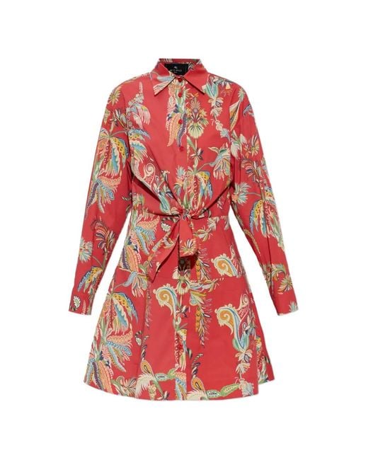 Etro Red Paisley-Print Knot-Detail Shirt Mini Dress