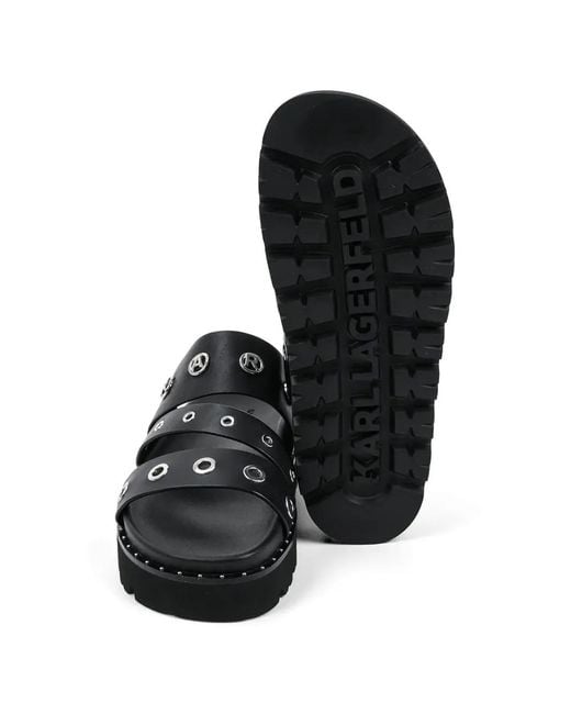 Karl Lagerfeld Black Eyelet-Embellished Logo-Plaque Flat Sandals