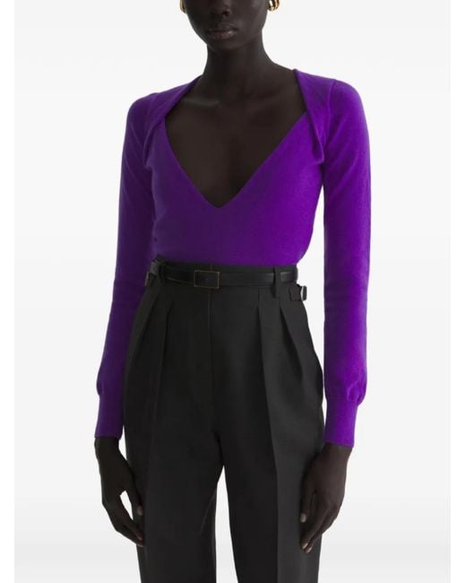 Mugler Purple Cashmere V-Neck Knit Top