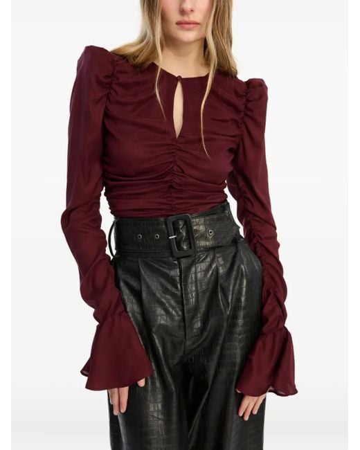 ROTATE BIRGER CHRISTENSEN Red Chiffon Ruched Ls Top Burgundy