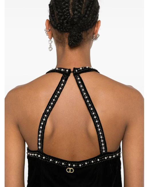 Twinset Black Crystal-Embroidered Velvet Mini Dress